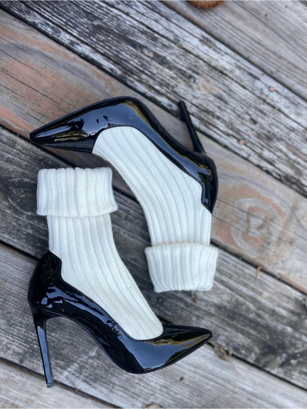 Jeffrey Campbell Black Patent Pointed-Toe Stilettos with White Ribbed Sock